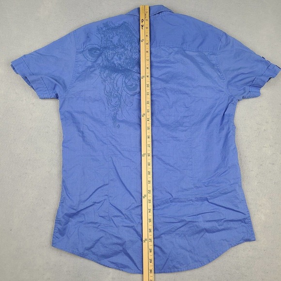 G By GUESS Shirt‎ Men's Large Blue Short Sleeve Button Down Tattoo Art - Picture 11 of 12